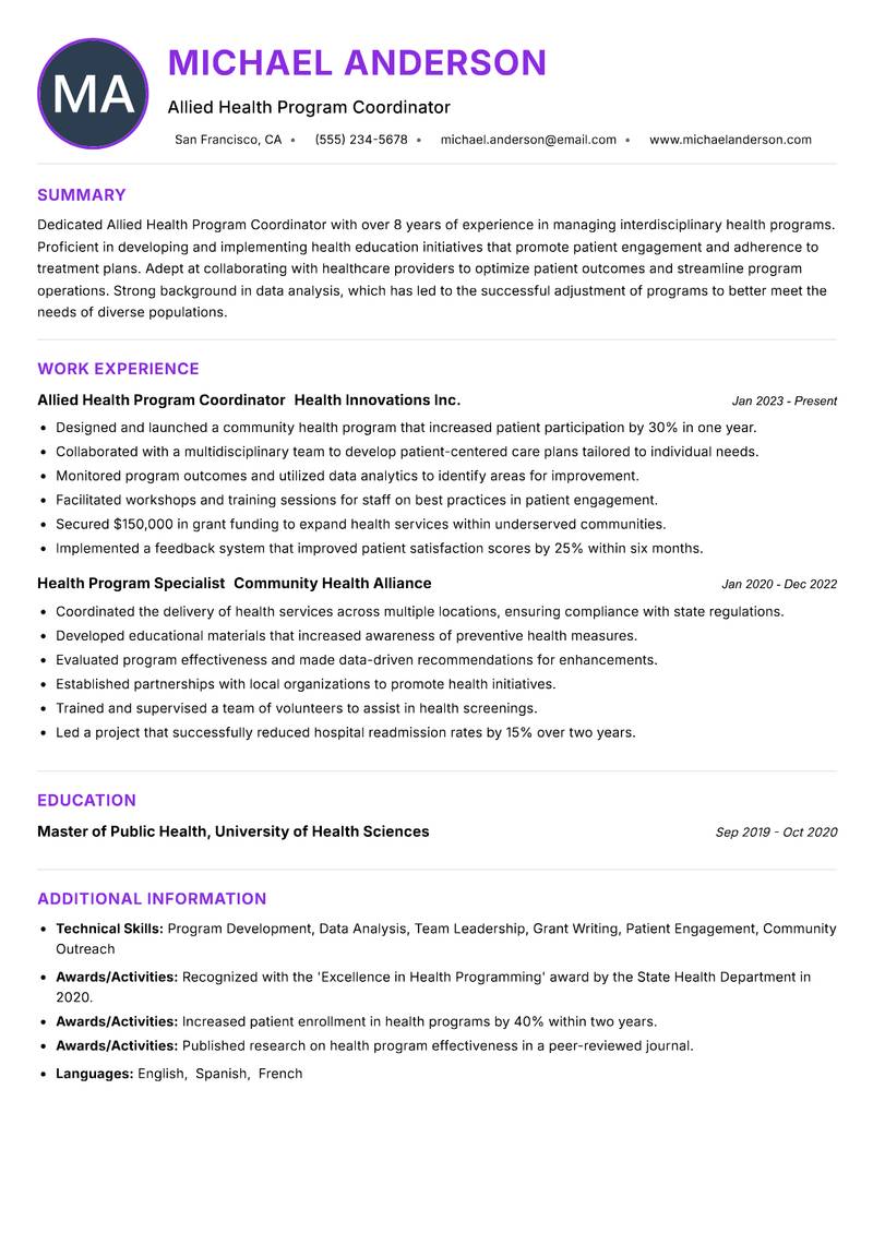 Allied Health Program Coordinator resume example