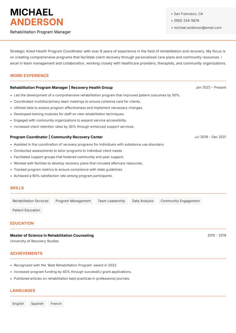 Allied Health Program Coordinator resume sample — Rehabilitation Program Manager focus