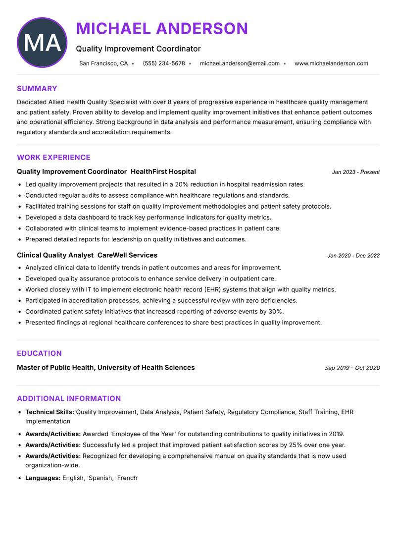 Allied Health Quality Specialist resume example