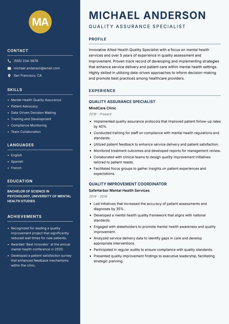 Allied Health Quality Specialist resume sample — Quality Assurance Specialist focus