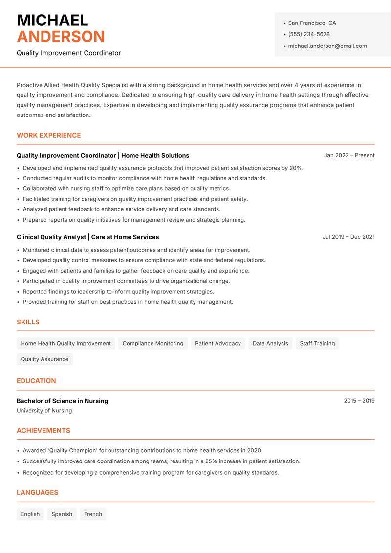 Allied Health Quality Specialist resume sample — Quality Improvement Coordinator focus