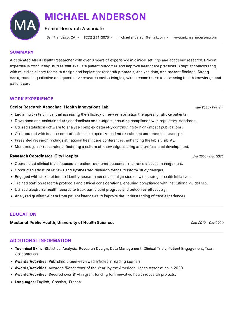 Allied Health Researcher resume example
