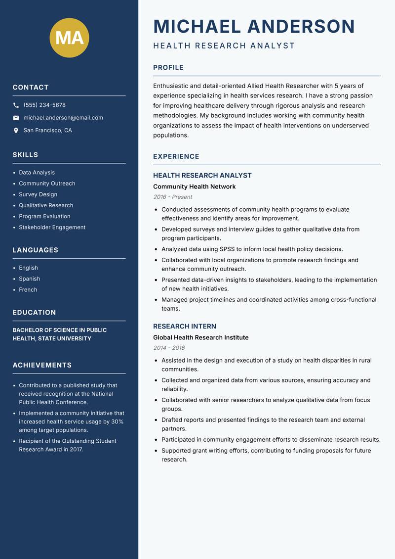 Allied Health Researcher resume sample — Health Research Analyst focus
