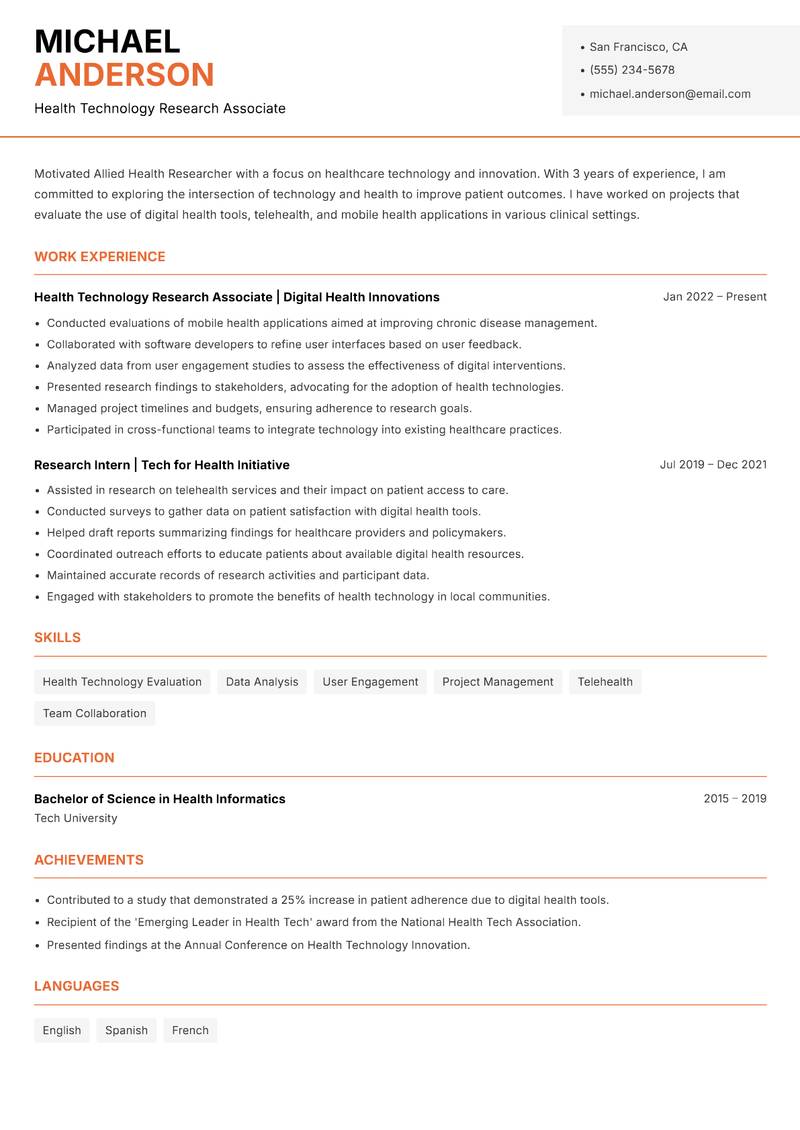 Allied Health Researcher resume sample — Health Technology Research Associate focus