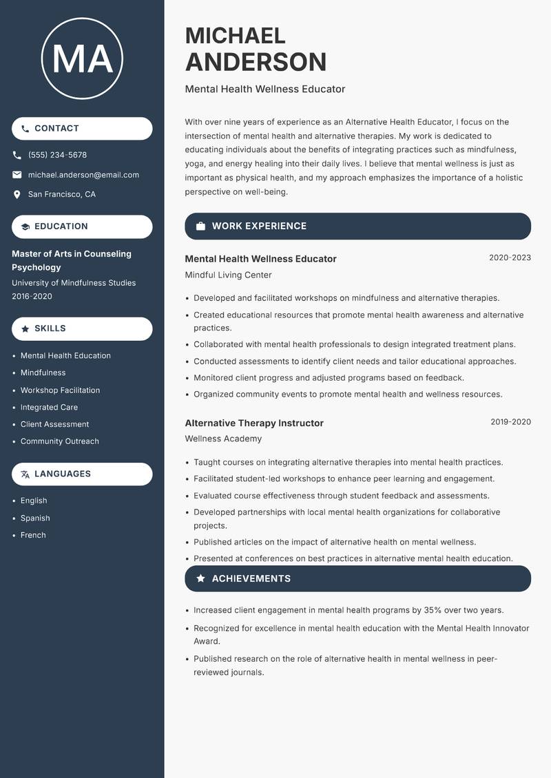 Alternative Health Educator resume sample — Mental Health Wellness Educator focus
