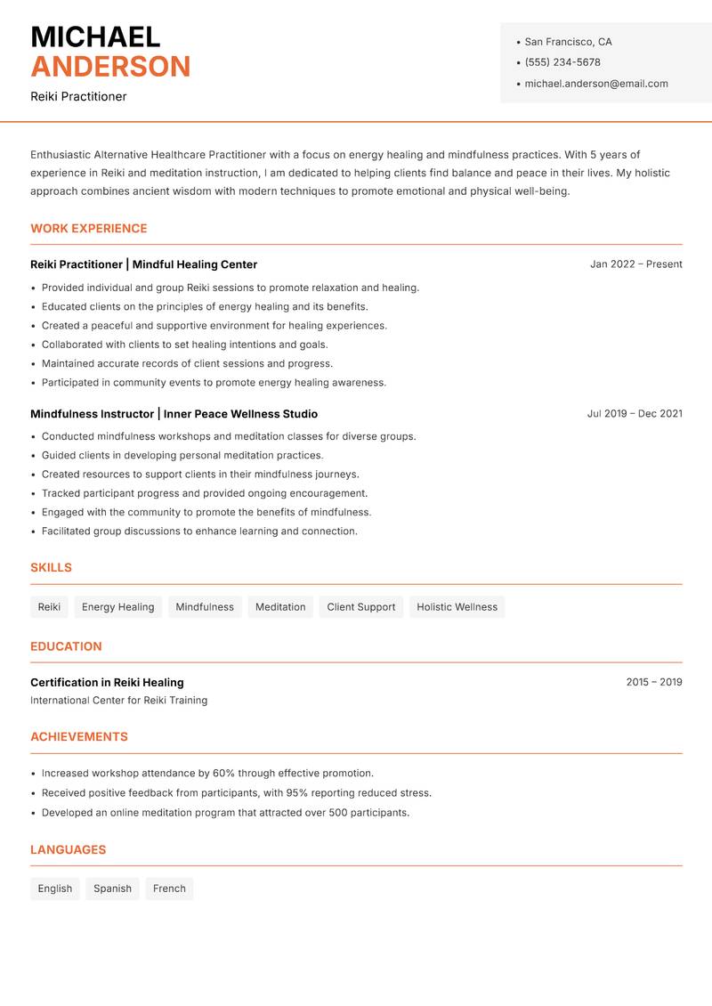 Alternative Healthcare Practitioner resume sample — Reiki Practitioner focus