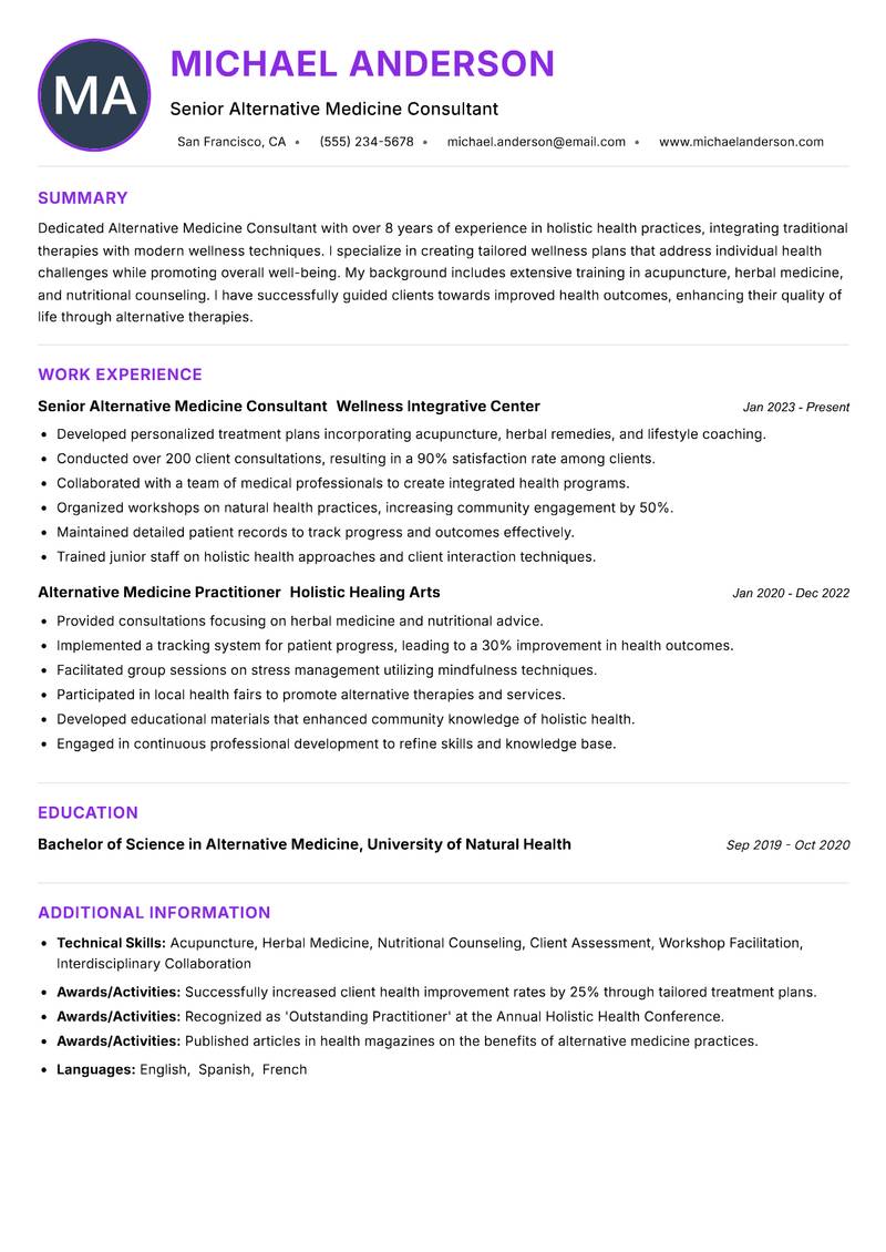 Alternative Medicine Consultant resume example