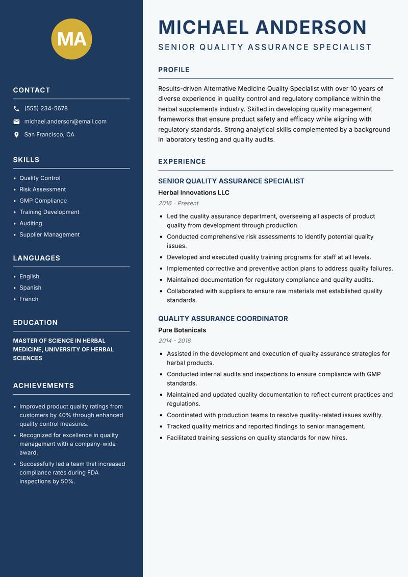 Alternative Medicine Quality Specialist resume sample — Senior Quality Assurance Specialist focus