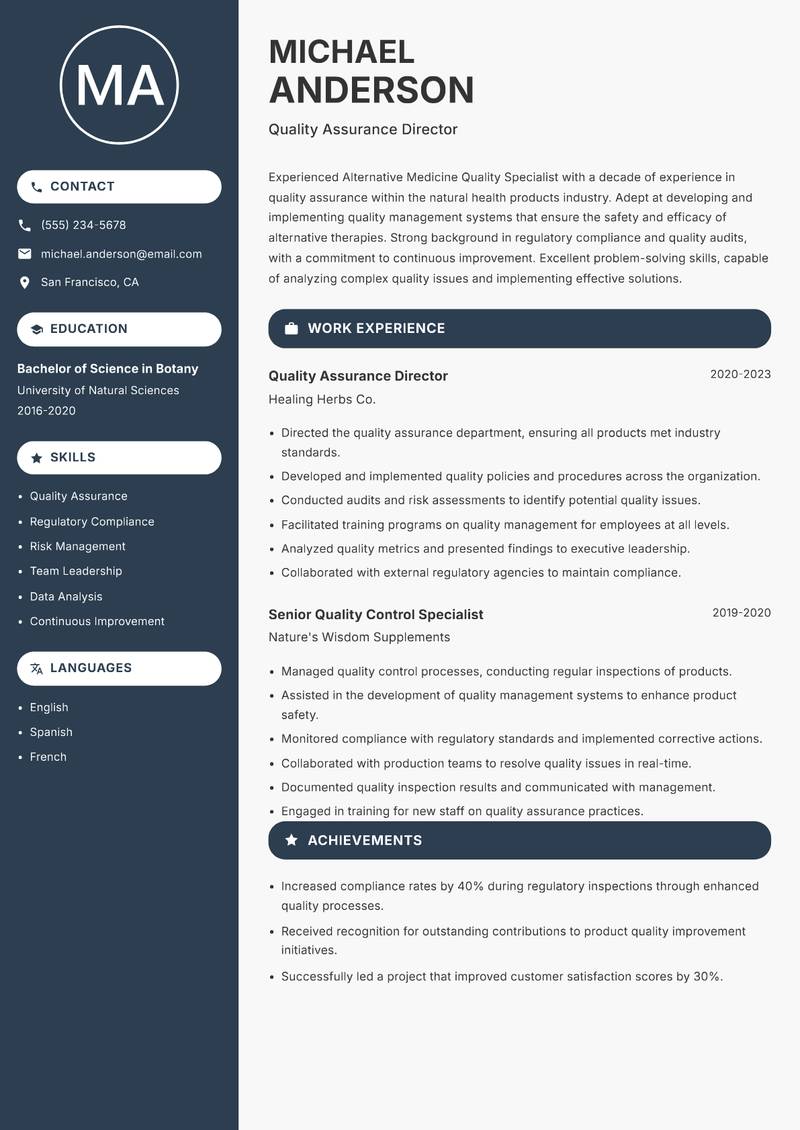 Alternative Medicine Quality Specialist resume sample — Quality Assurance Director focus