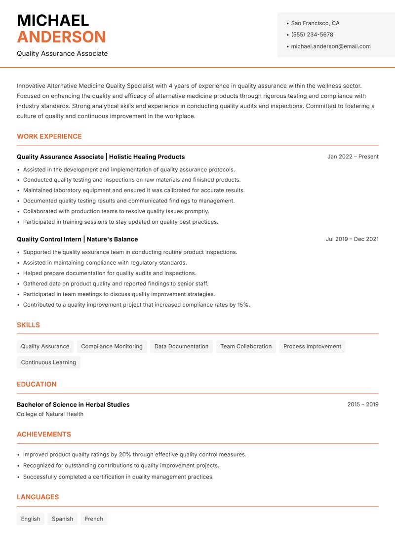 Alternative Medicine Quality Specialist resume sample — Quality Assurance Associate focus