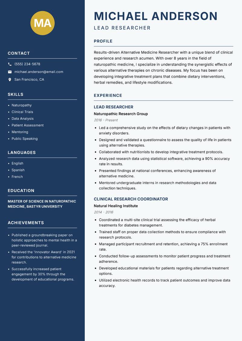 Alternative Medicine Researcher resume sample — Lead Researcher focus