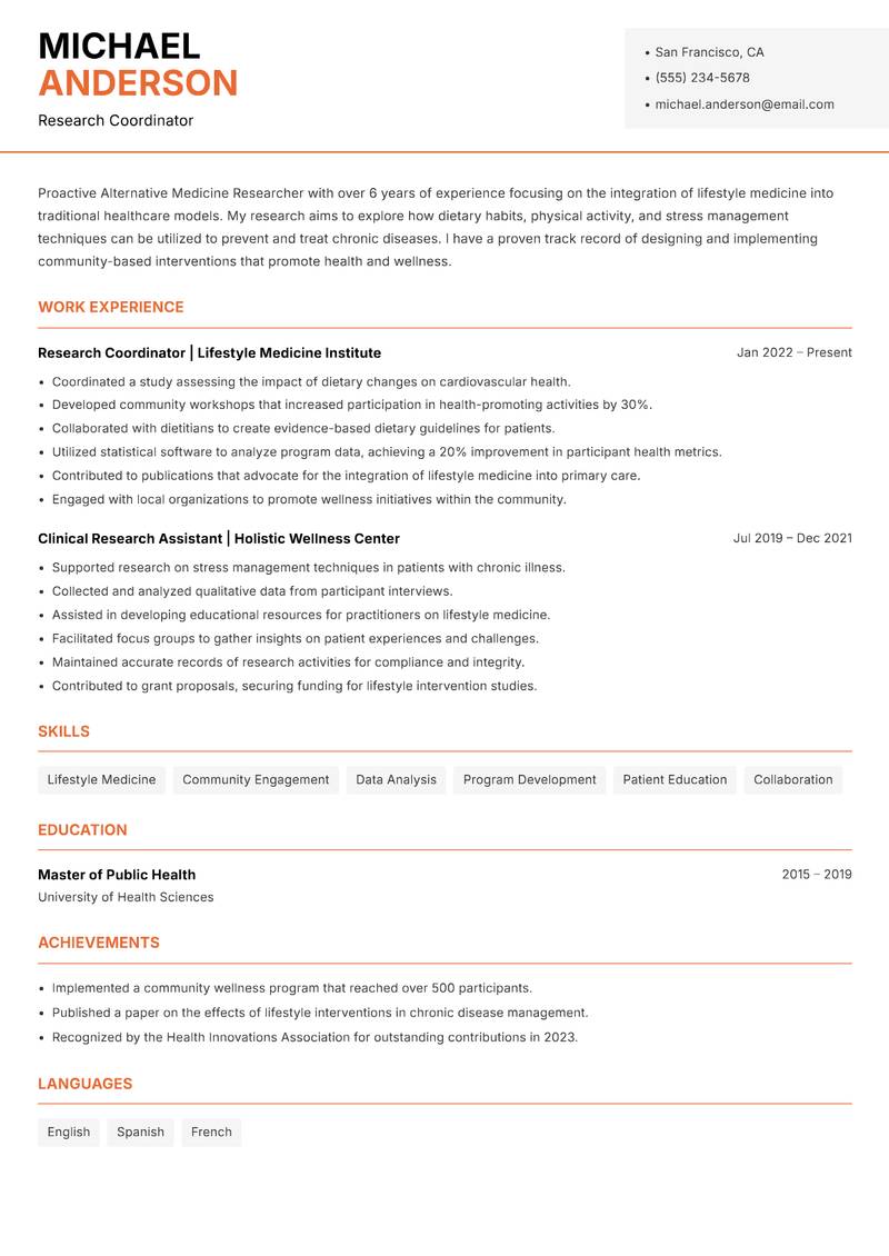 Alternative Medicine Researcher resume sample — Research Coordinator focus