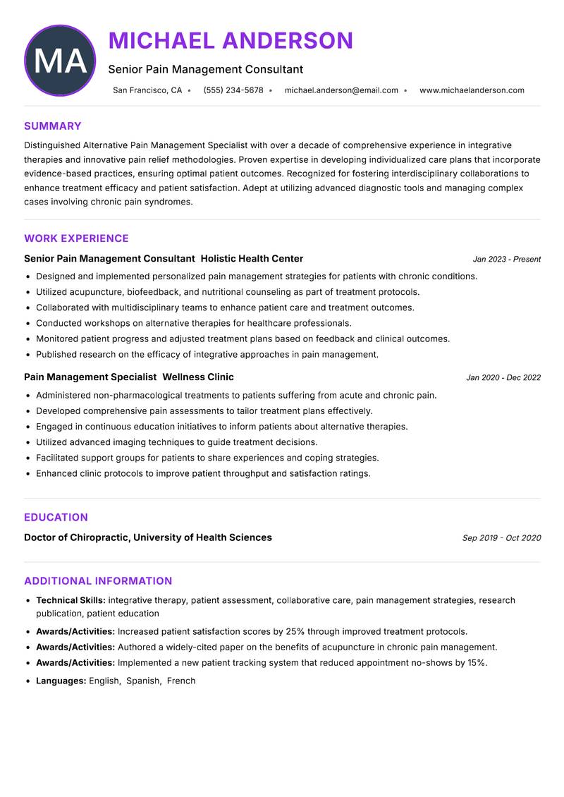 Alternative Pain Management Specialist resume example — Alternative Therapies