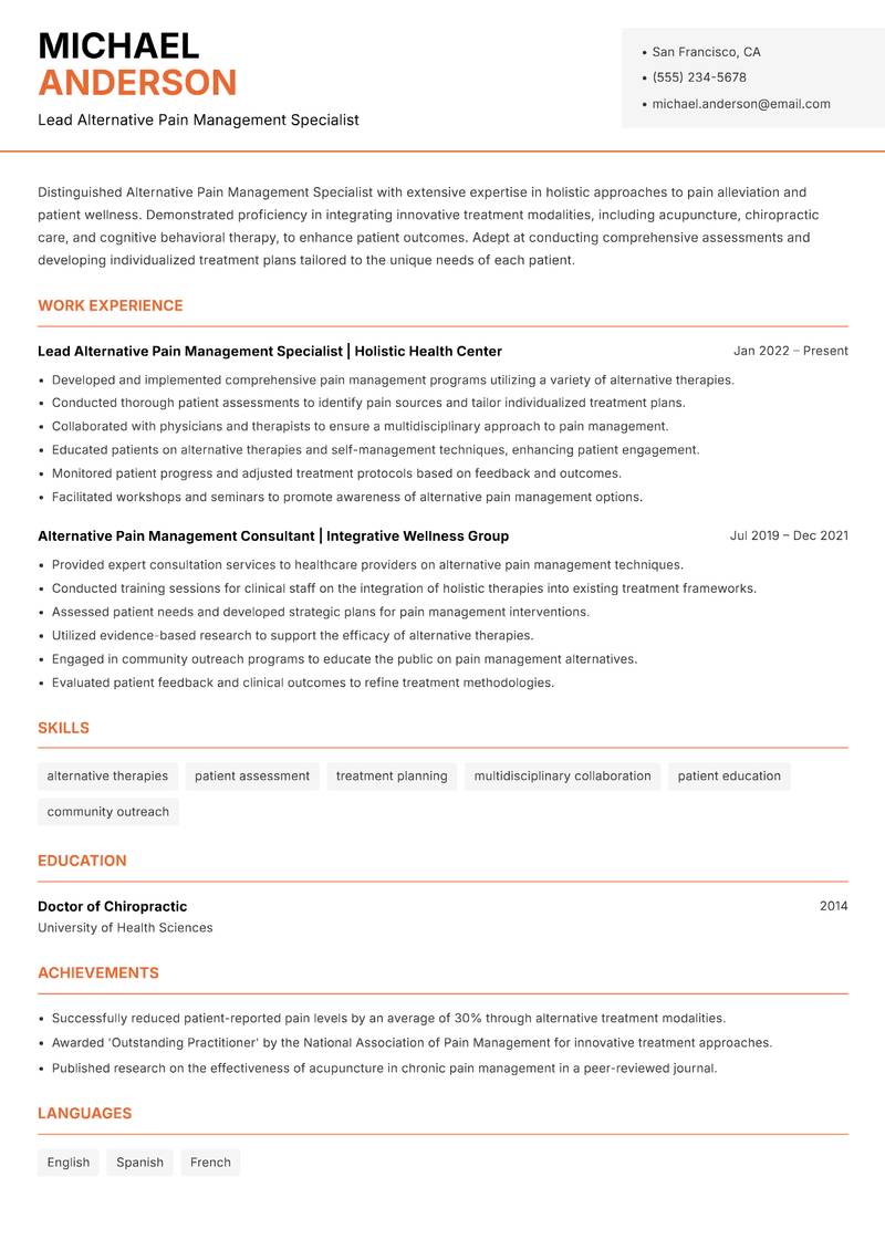 Alternative Pain Management Specialist resume sample — Lead Alternative Pain Management Specialist focus