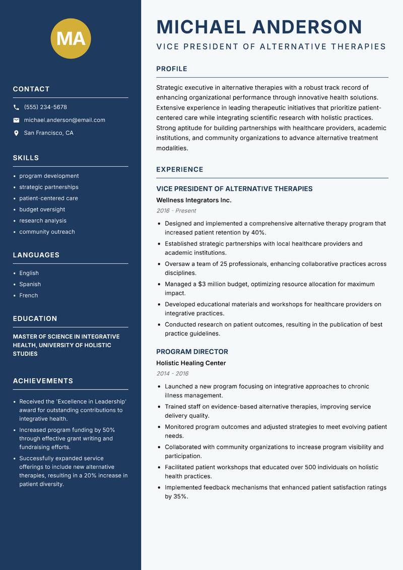 Alternative Therapies Executive resume sample — Vice President of Alternative Therapies focus
