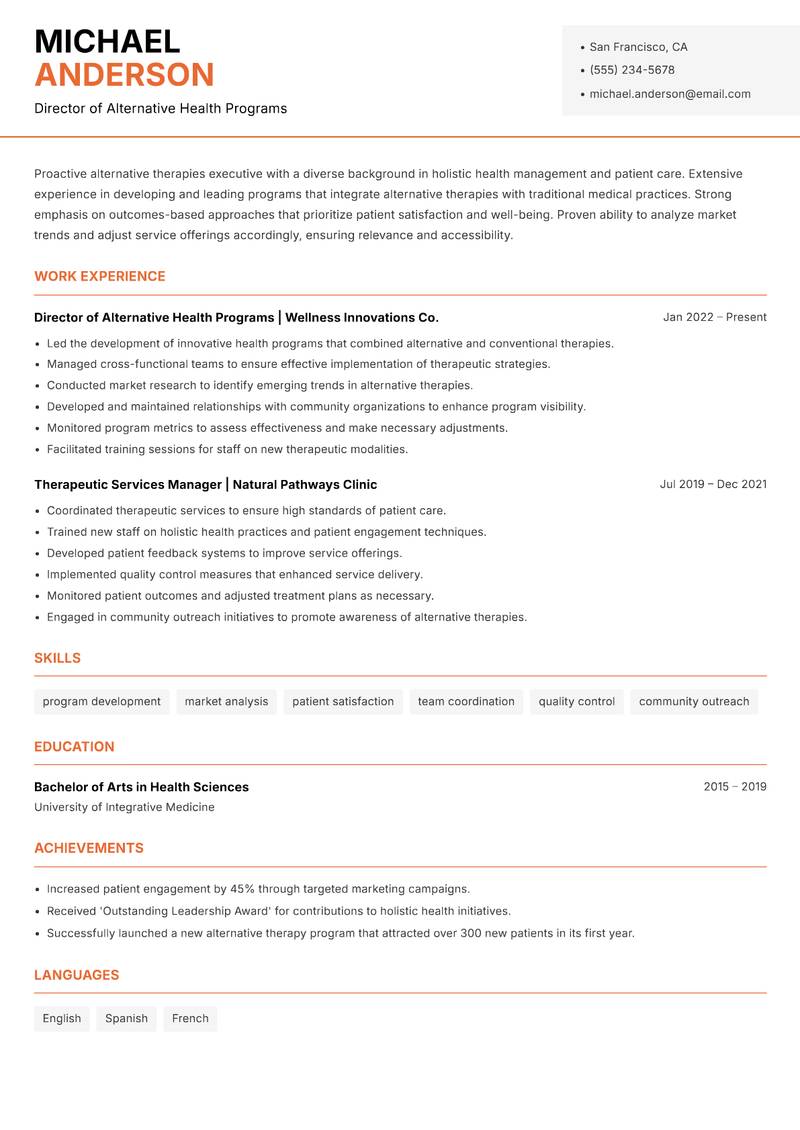 Alternative Therapies Executive resume sample — Director of Alternative Health Programs focus