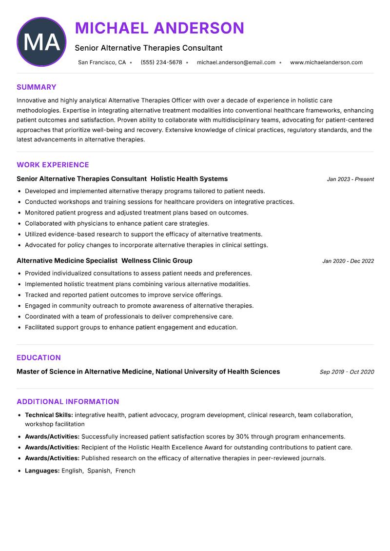 Alternative Therapies Officer resume example