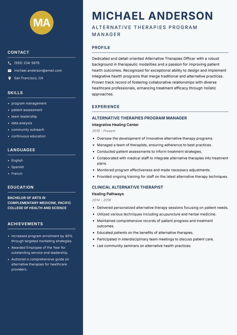 Alternative Therapies Officer resume sample — Alternative Therapies Program Manager focus