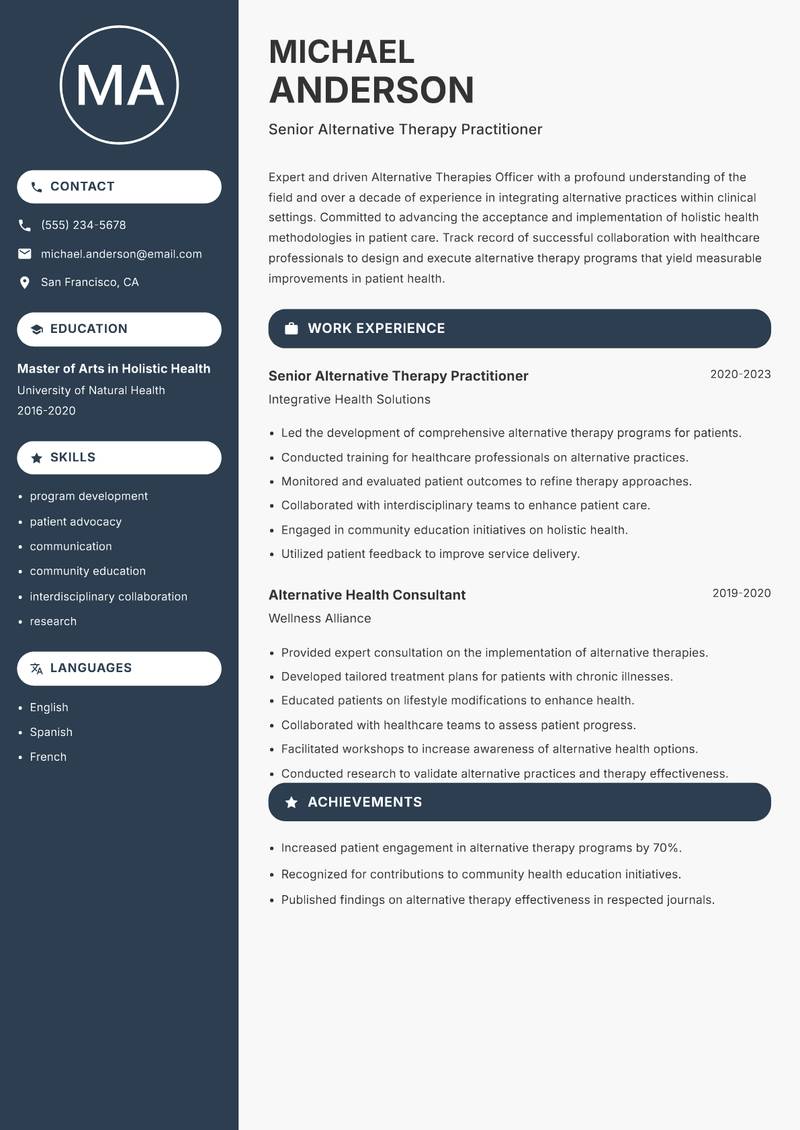 Alternative Therapies Officer resume sample — Senior Alternative Therapy Practitioner focus