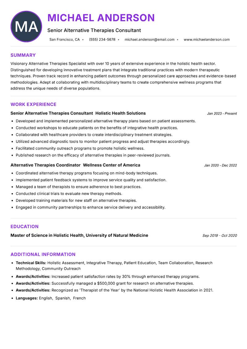 Alternative Therapies Specialist resume example