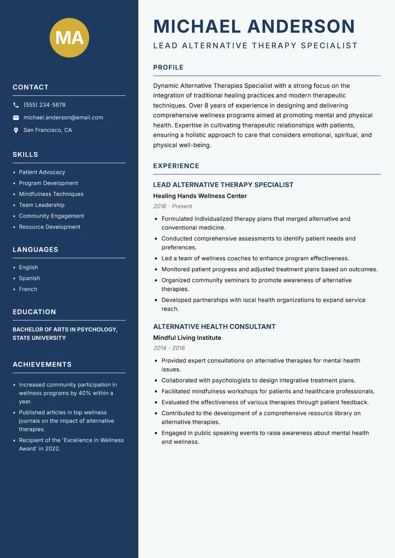 Alternative Therapies Specialist resume sample — Lead Alternative Therapy Specialist focus
