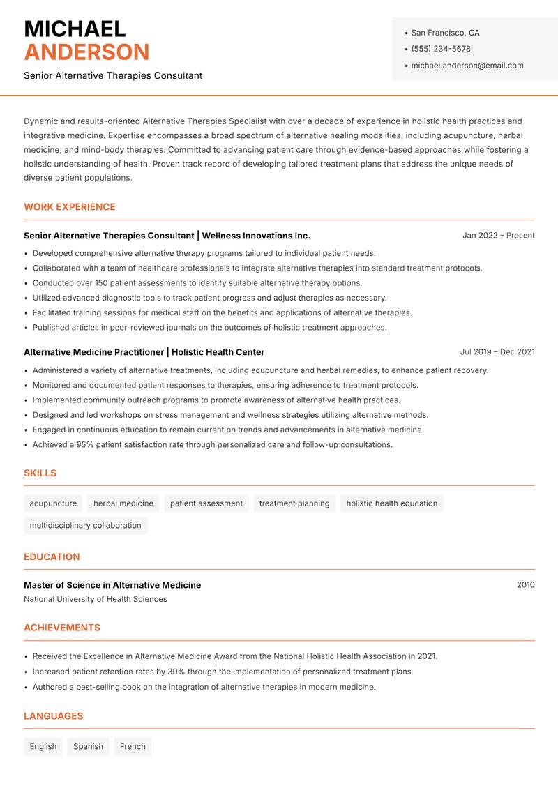 Alternative Therapies Specialist resume sample — Senior Alternative Therapies Consultant focus