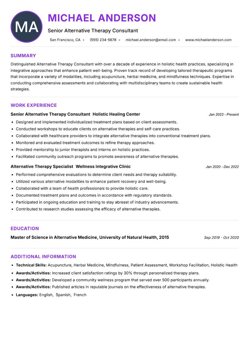Alternative Therapy Consultant resume example