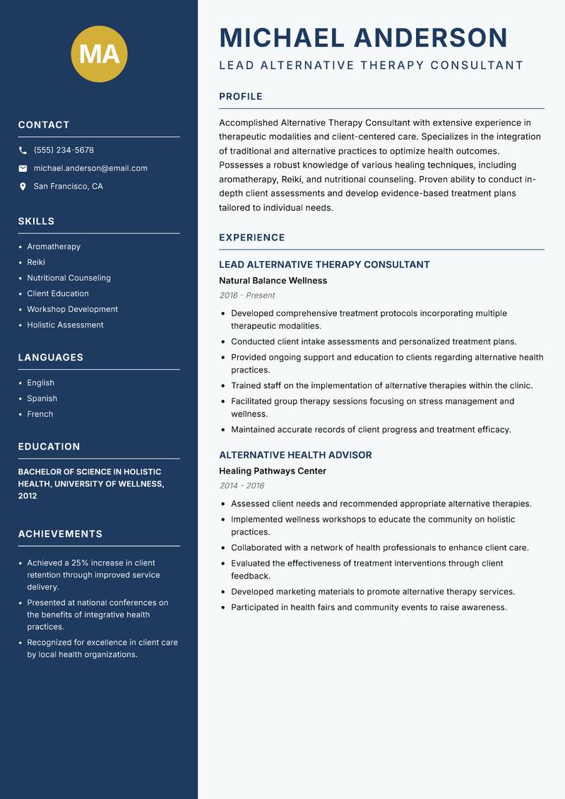 Alternative Therapy Consultant resume sample — Lead Alternative Therapy Consultant focus