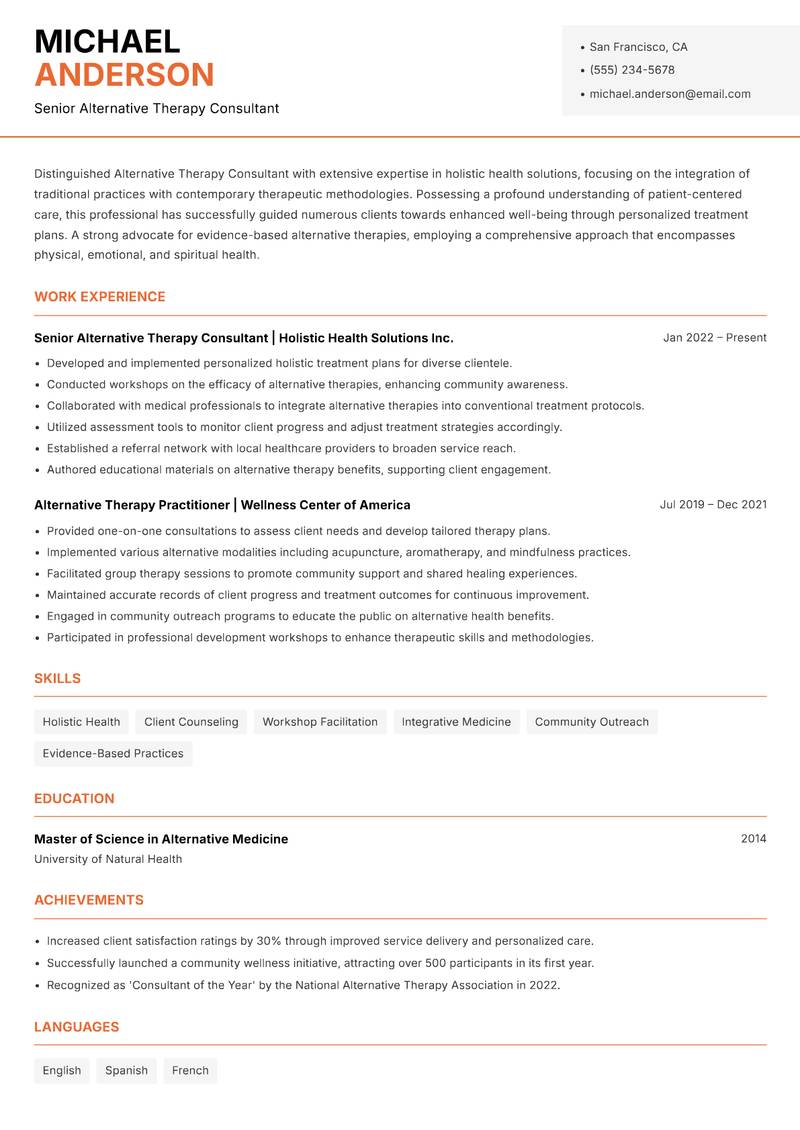 Alternative Therapy Consultant resume sample — Senior Alternative Therapy Consultant focus
