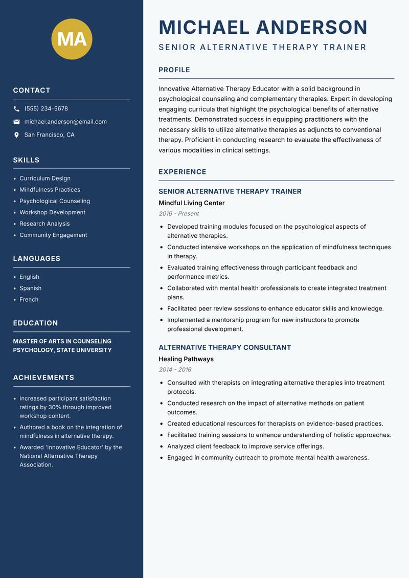 Alternative Therapy Educator resume sample — Senior Alternative Therapy Trainer focus