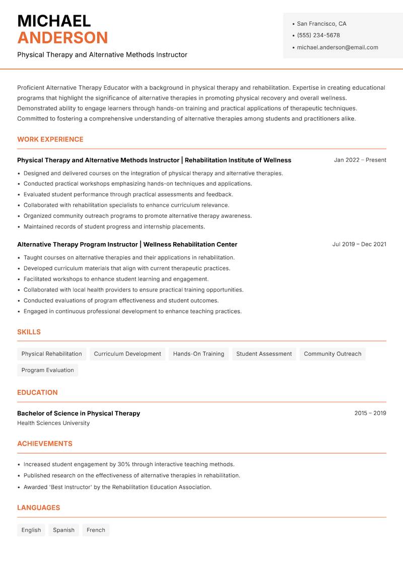 Alternative Therapy Educator resume sample — Physical Therapy and Alternative Methods Instructor focus