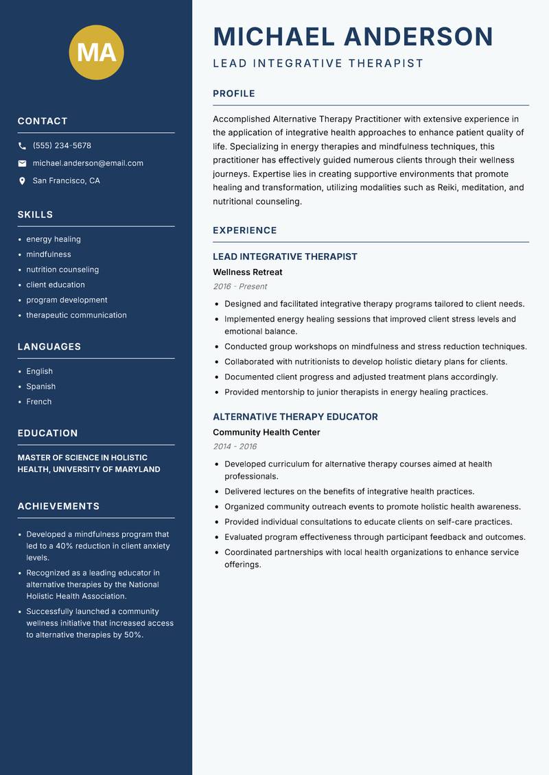 Alternative Therapy Practitioner resume sample — Lead Integrative Therapist focus