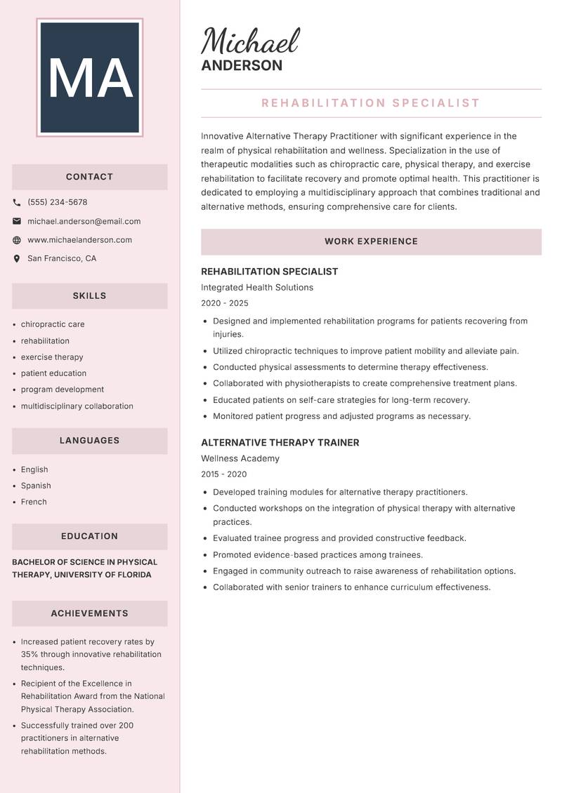 Alternative Therapy Practitioner resume sample — Rehabilitation Specialist focus