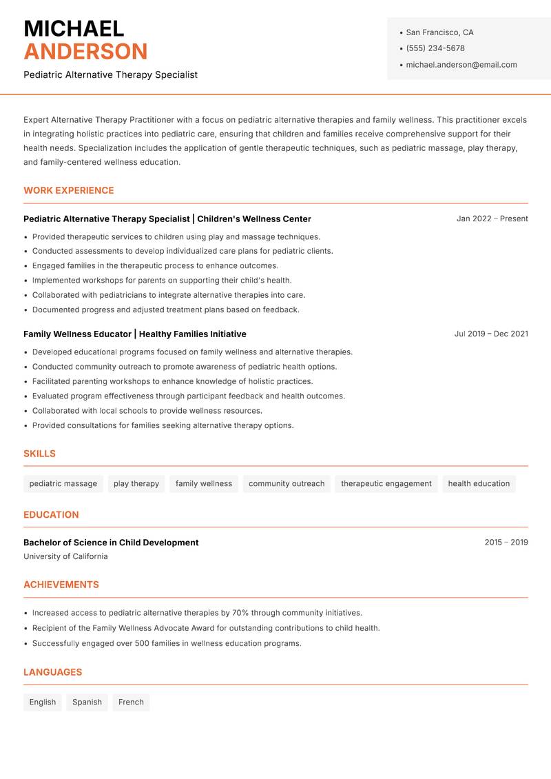 Alternative Therapy Practitioner resume sample — Pediatric Alternative Therapy Specialist focus