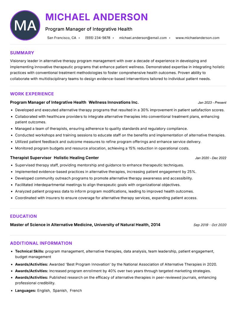 Alternative Therapy Program Manager resume example