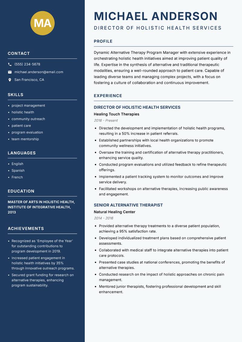 Alternative Therapy Program Manager resume sample — Director of Holistic Health Services focus
