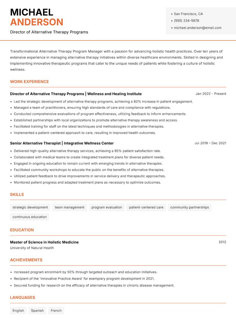 Alternative Therapy Program Manager resume sample — Director of Alternative Therapy Programs focus