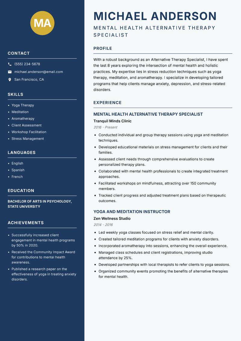 Alternative Therapy Specialist resume sample — Mental Health Alternative Therapy Specialist focus