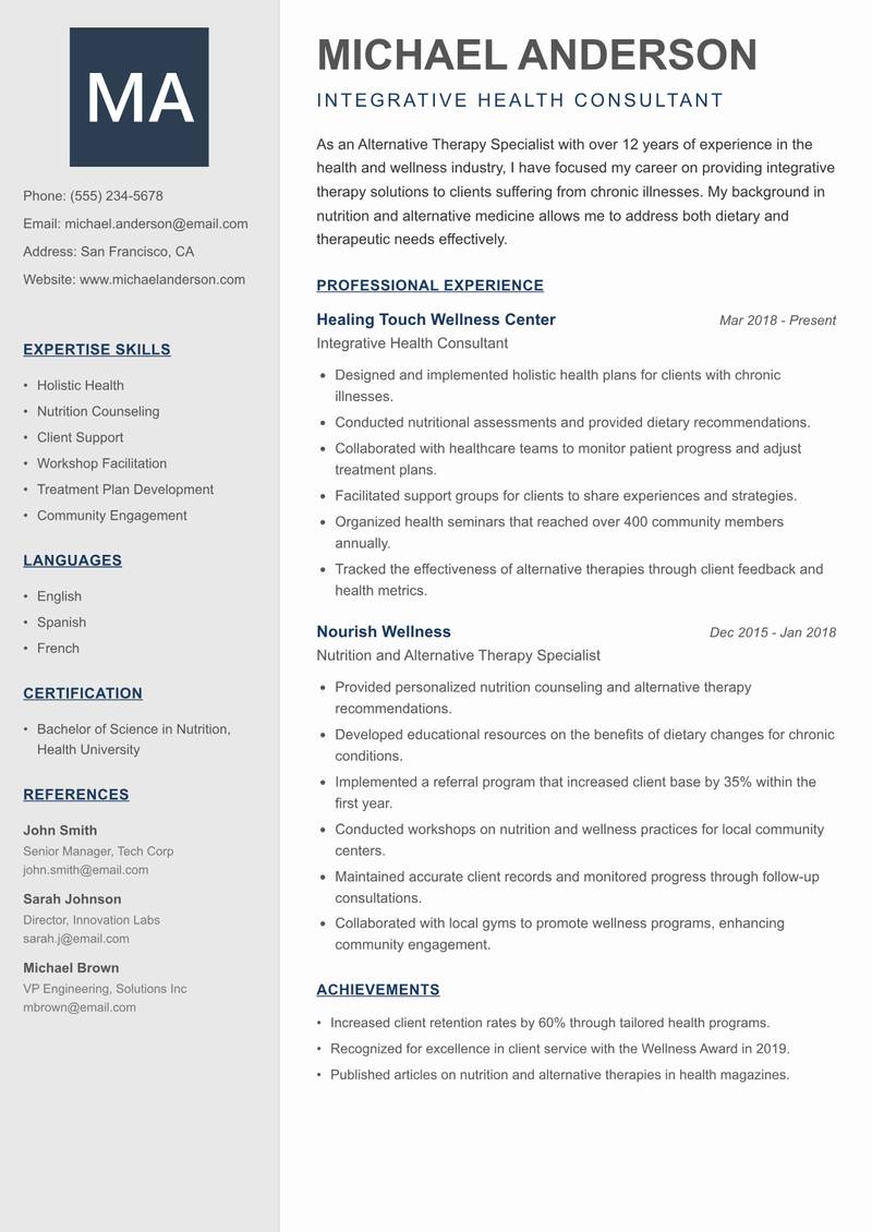 Alternative Therapy Specialist resume sample — Integrative Health Consultant focus