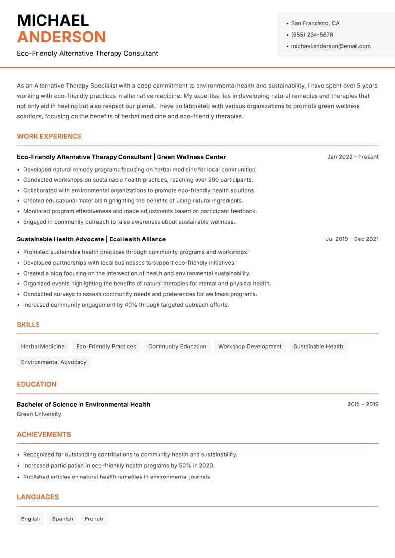 Alternative Therapy Specialist resume sample — Eco-Friendly Alternative Therapy Consultant focus