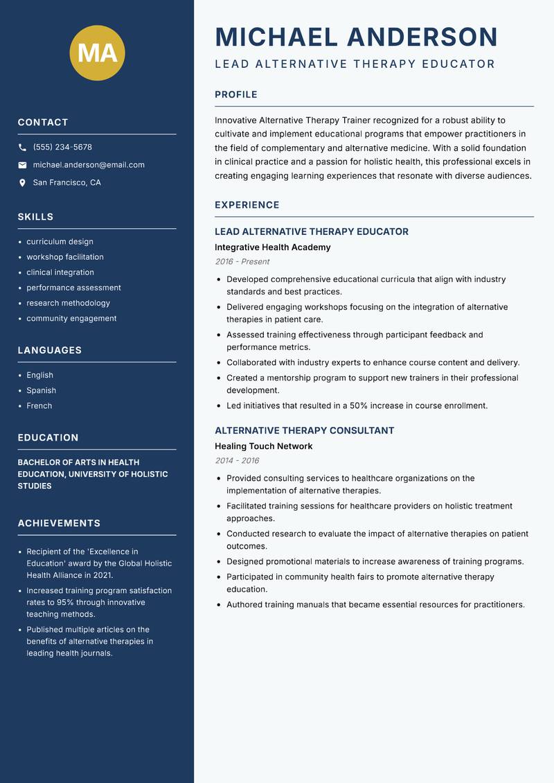 Alternative Therapy Trainer resume sample — Lead Alternative Therapy Educator focus