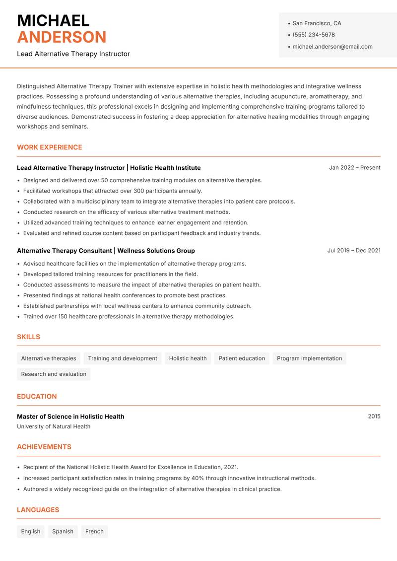 Alternative Therapy Trainer resume sample — Lead Alternative Therapy Instructor focus
