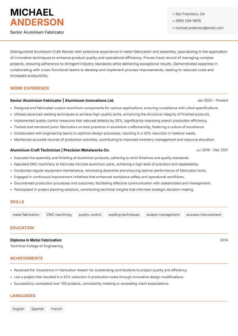 Aluminium Craft Worker resume sample — Senior Aluminium Fabricator focus