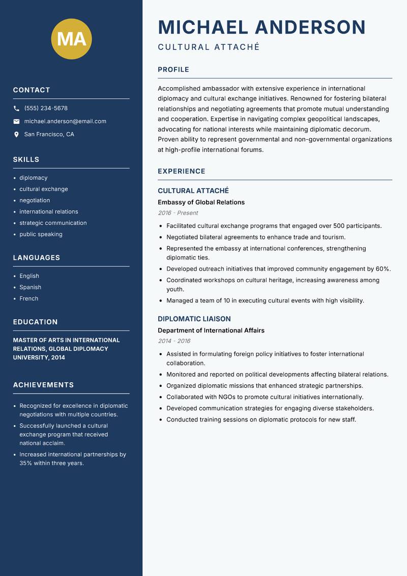 Ambassador resume sample — Cultural Attaché focus