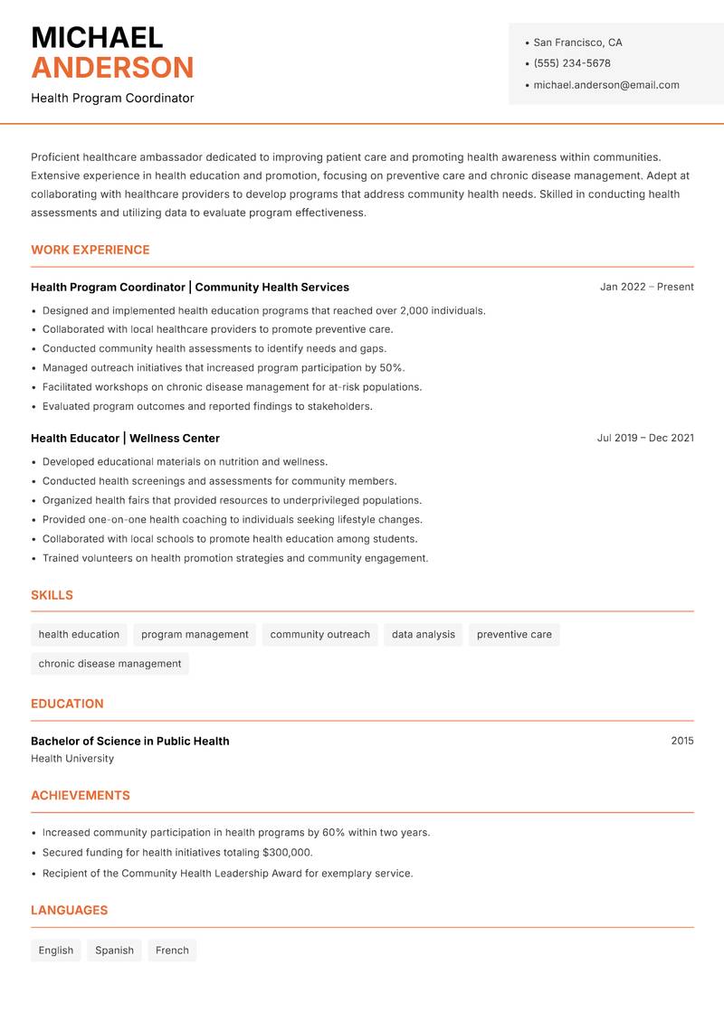 Ambassador resume sample — Health Program Coordinator focus