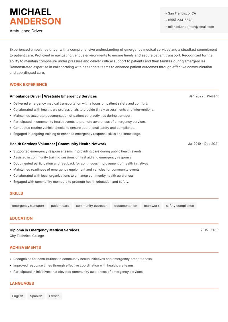 Ambulance Driver resume sample — Ambulance Driver focus
