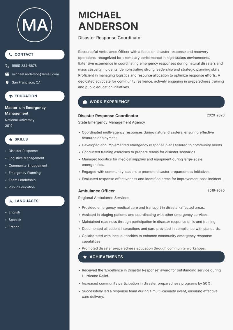 Ambulance Officer resume sample — Disaster Response Coordinator focus