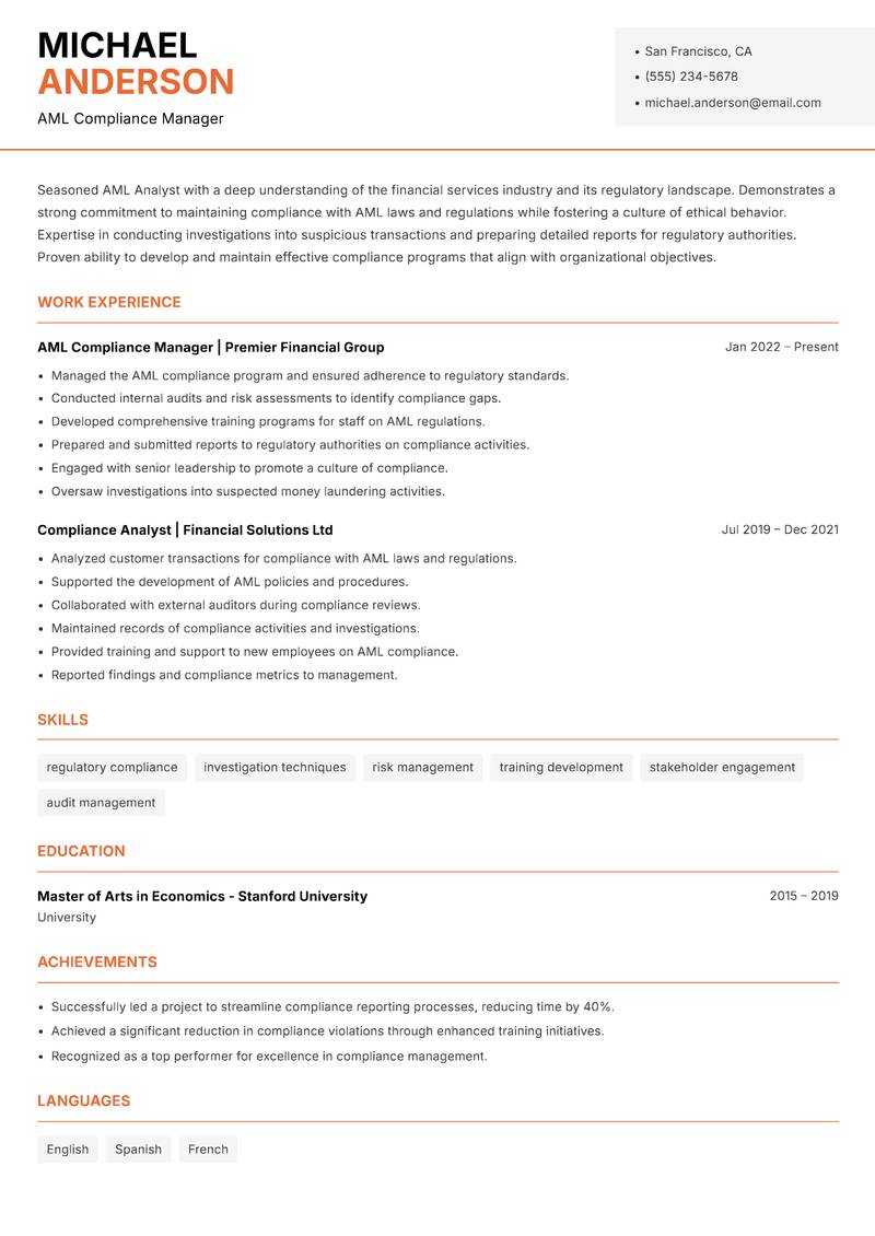 AML Analyst resume sample — AML Compliance Manager focus