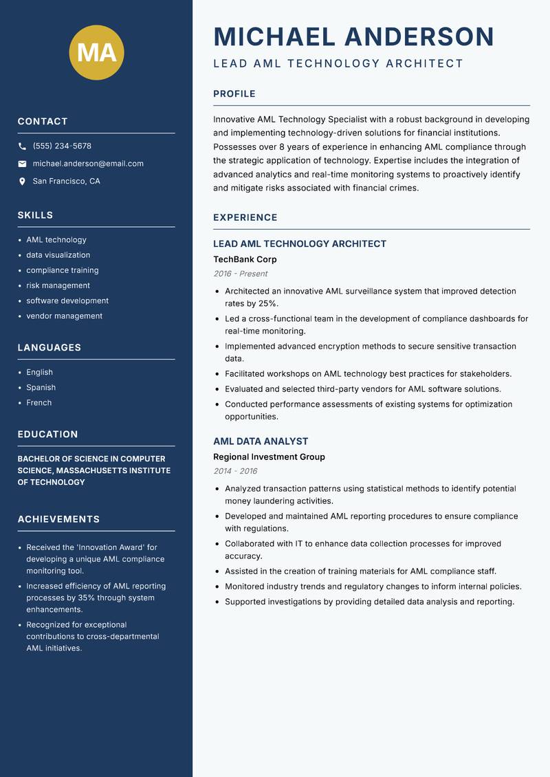 AML Technology Specialist resume sample — Lead AML Technology Architect focus