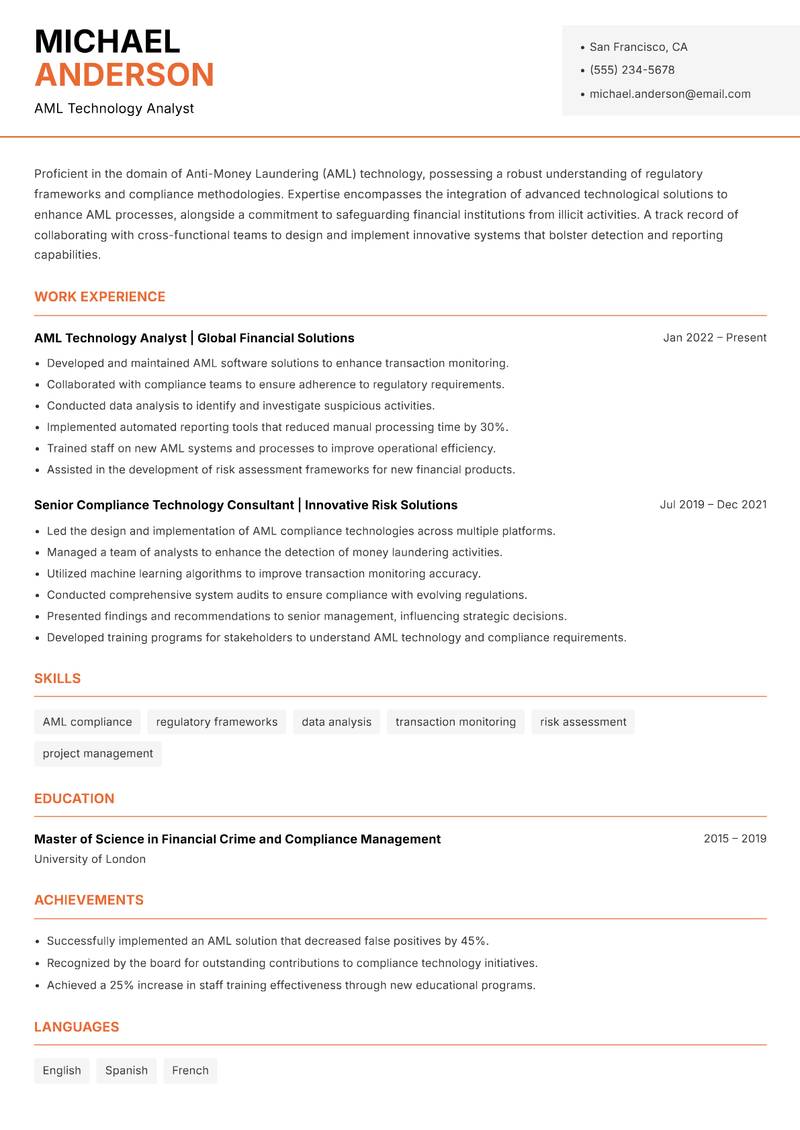 AML Technology Specialist resume sample — AML Technology Analyst focus